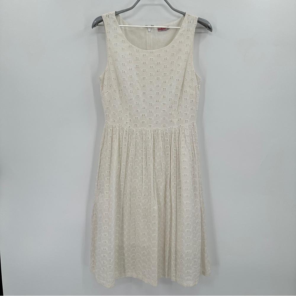 Cath Kidston Ivory Eyelet Lace Dress US 2 UK 6 Sleeveless 100% Cotton Fit/Flare